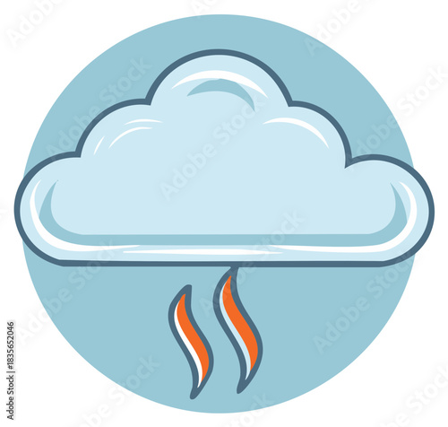 Cartoon cloud raining orange streaks with a blue circle background