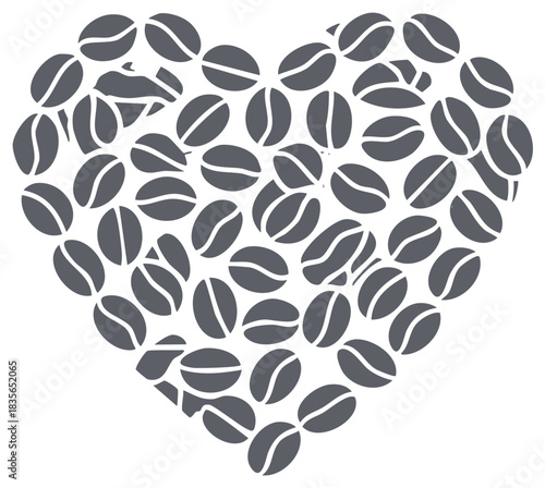 Heart shape composed of coffee beans, modern design, coffee love concept, isolated, graphic element