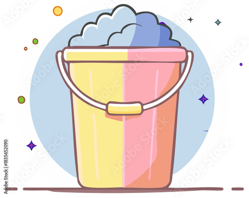 Colorful bucket filled with frothy soapy water and small sparkling bubbles