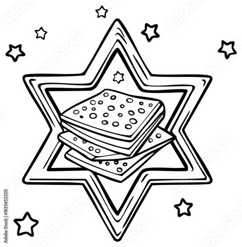 Passover matzah crackers stack inside Star of David and stars line art illustration