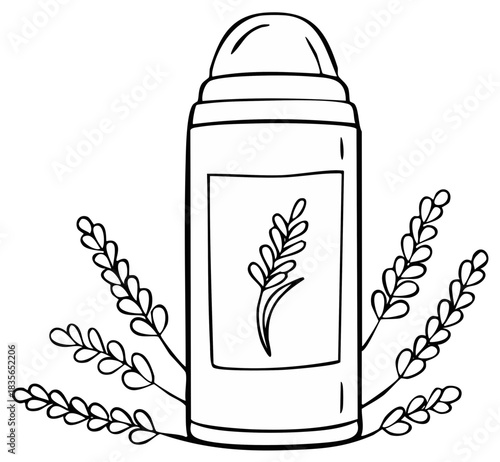 Hand drawn outline of a roll on deodorant bottle with lavender sprigs.