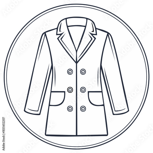 Classic double breasted coat vector line art icon. Fashionable outerwear jacket illustration in a circular frame.