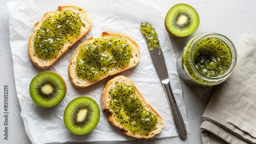 Delicious green kiwi fruit jam on toasted baguette slices, fresh kiwis nearby