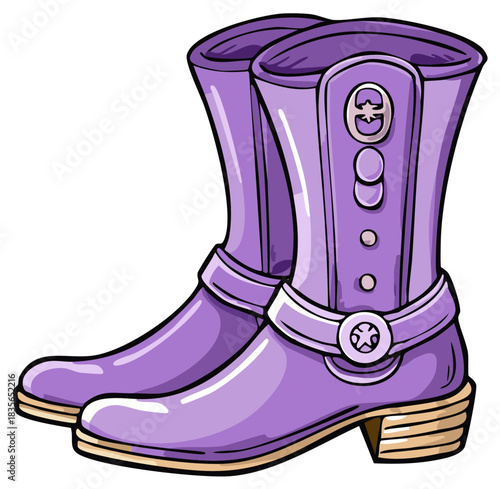Futuristic purple fantasy boots with straps and star emblems illustration
