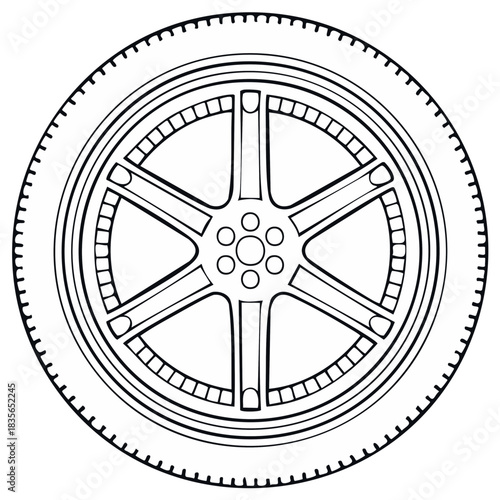 Line Art Style Illustration of a Car Wheel with Tire Tread and Six Spoke Rim Design for Coloring