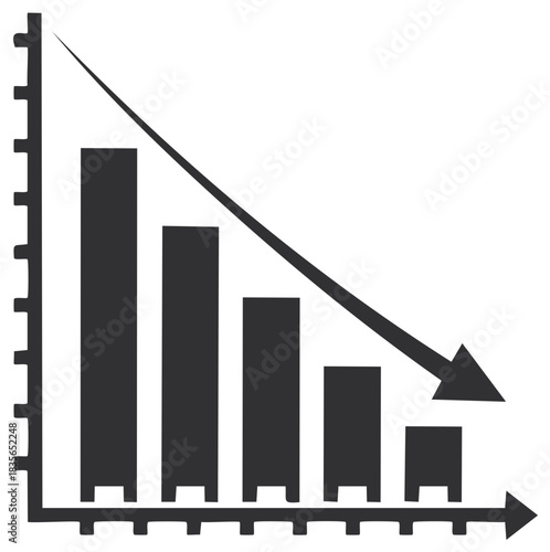 Graph with decreasing bar chart and downward arrow symbolizing business decline and loss