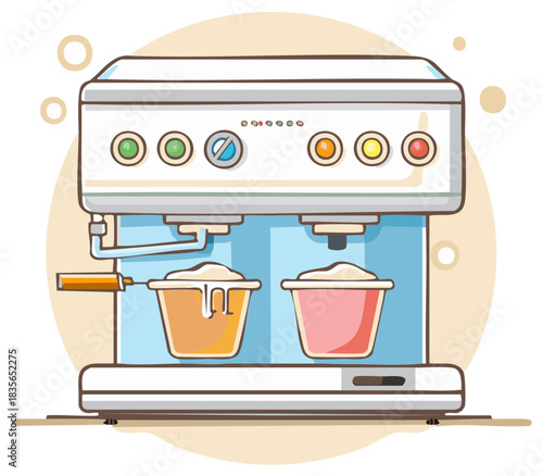Stylized illustration of a professional coffee maker with two servings of freshly brewed beverages ready for serving