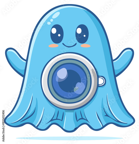 Cute blue ghost with a camera lens for a body smiles happily