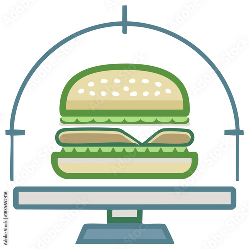 Illustration of a stylized burger on a weighing scale, healthy diet, and food control concept