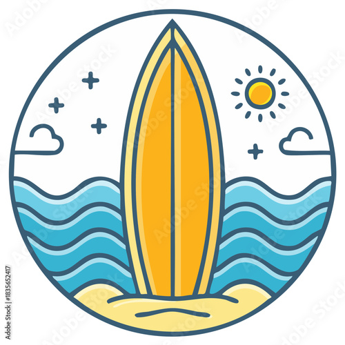 Colorful surfboard logo on a tropical beach with ocean waves and sun for summer vacation travel