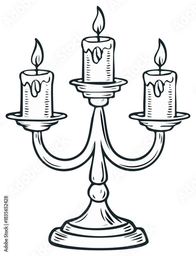Elegant vintage hand drawn candelabra with three burning candles providing warm light
