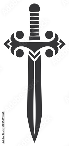 Stylized Dark Gray Medieval Sword with Ornate Guard and Ribbed Handle