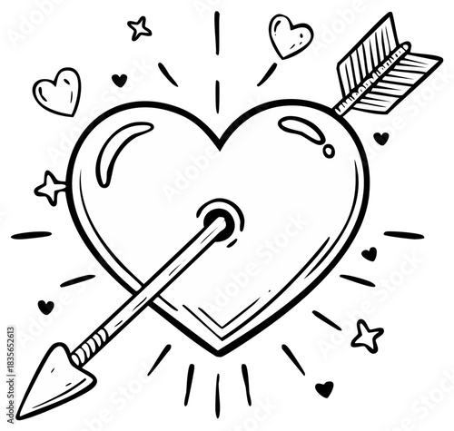 Hand drawn heart pierced by cupid arrow with radiating love elements