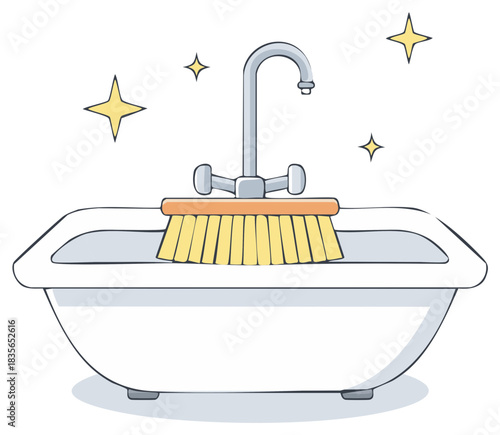 Cartoon bathtub with brush and faucet isolated