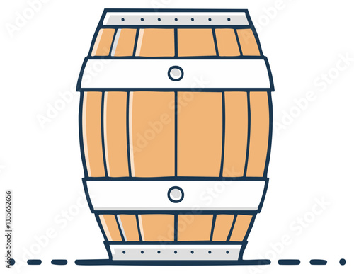Wooden barrel illustration with metal bands, simple design, cartoon style, beverage storage container