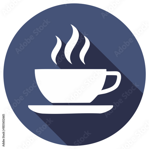 Steaming coffee cup and saucer icon in a modern flat design style with long shadow