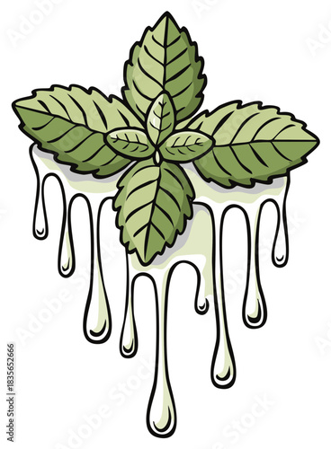 Cartoon Mint Leaves Melting and Dripping a Sweet Green Sauce Vector Illustration