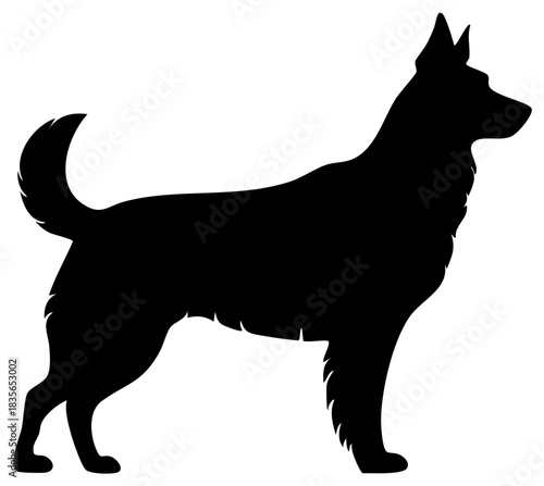 Alert German Shepherd dog standing in profile black vector silhouette