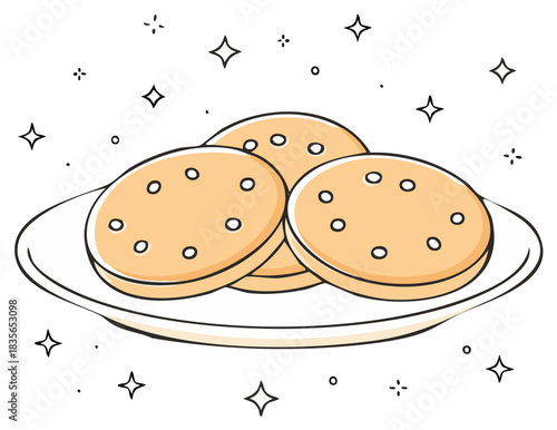 Cartoon cookies on a plate decorated with sparkles and dots, food concept