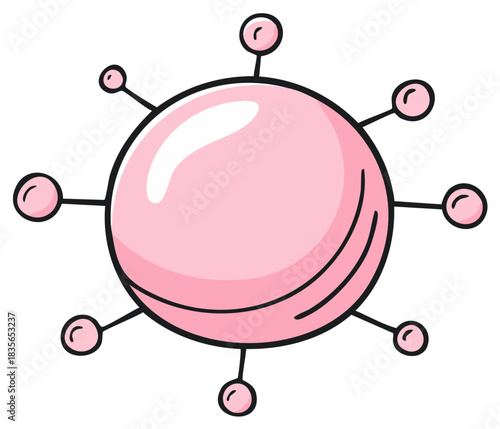Cartoonish pink virus cell with protruding spheres and black outline, science illustration