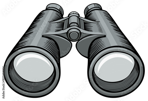Gray binoculars with detailed striped barrels and reflective lenses isolated on a white background