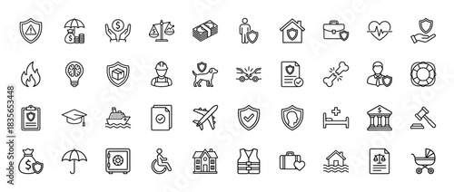 Insurance and protection line icon set. Vector pictograms of shield, money, house, car crash, healthcare, travel, legal scales and safe, thin outline illustration.