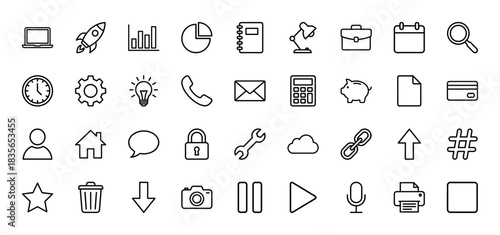 Business and technology line icon set. Vector pictograms of laptop, rocket, chart, calendar, clock, gear, mail, cloud, camera and printer, thin outline illustration.