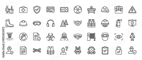 Occupational safety and health outline icon set. Vector pictograms of ppe, first aid, fire extinguisher, and hazard signs, thin outline illustration.