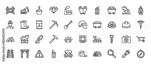 Mining and quarry industry line icon set. Vector pictograms of excavator, helmet, cart, dynamite, and pickaxe, thin outline illustration.
