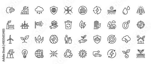 Ecology and environment line icon set. Vector pictograms of wind turbine, solar panel, recycling, and climate change, thin outline illustration.