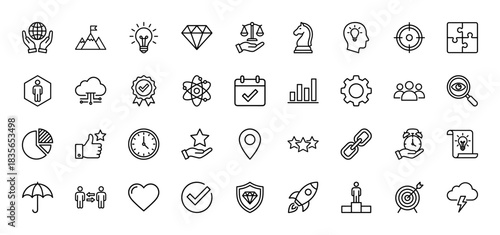 Business and strategy line icon set. vector pictograms of diamond, target, calendar, settings, and team, thin outline illustration.