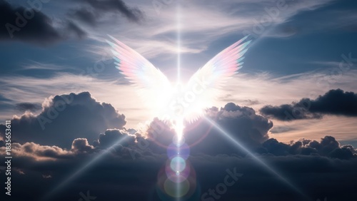 Glowing angelic figure with vibrant wings radiating light against a cloudy sky