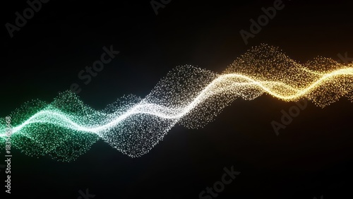 Glowing particle wave teal to white to orange, a dynamic digital flow on dark background