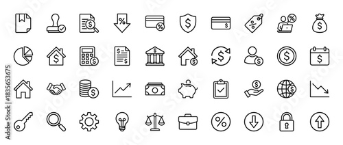 Finance and banking line icon set. Vector pictograms of money bag, calculator, piggy bank, credit card, graph, handshake and real estate, thin outline illustration.