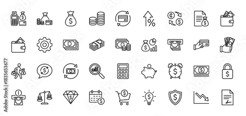 Finance and banking line icon set. Vector pictograms of money bag, credit card, wallet, coins, piggy bank, ATM, safe and investment graph, thin outline illustration.