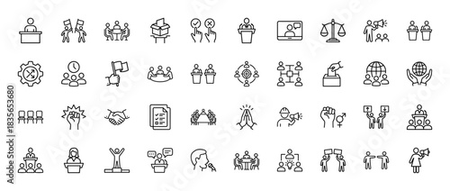 Politics and governance line icon set. Vector pictograms of voting, debate, justice, and human rights, thin outline illustration.