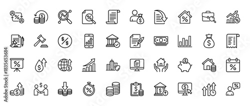 Finance and investment line icon set. Vector pictograms of money, percentage, tax, growth chart, bank, mortgage, coins and contract, thin outline illustration.