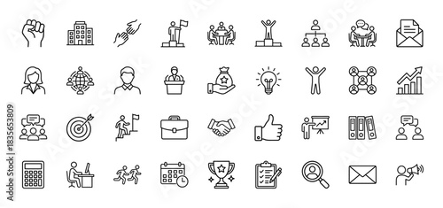 Business line icon set. Vector pictograms of handshake, trophy, handshake, target, graphs, calendar, and people, thin outline illustration.