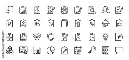 Business and finance line icon set. Vector pictograms of clipboard, shield, gear, calendar, and key, thin outline illustration.