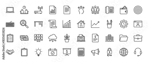 Business line icon set. Vector pictograms of handshake, clipboard, calendar, laptop, and chart, thin outline illustration.