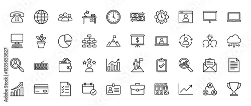 Business and office line icon set. Vector pictograms of teamwork, finance, communication, and analytics, thin outline illustration.