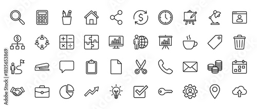 Business and finance line icon set. Vector pictograms of calculator, graph, currency, calendar, and teamwork, thin outline illustration.
