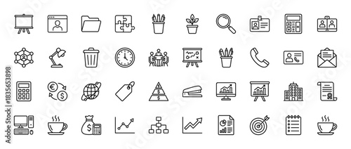 Business line icon set. Vector pictograms of presentation, folder, calculator, chart, and office building, thin outline illustration.