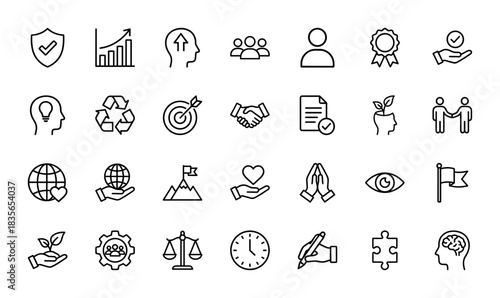 Business and ethical values line icon set. Vector pictograms of growth, teamwork, target, handshake, and quality, thin outline illustration.