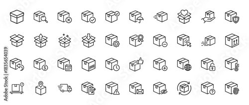 Logistics and delivery line icon set. Vector pictograms of shipping box, tracking, security, and return, thin outline illustration.