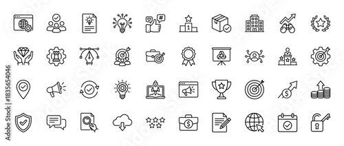 Business and marketing line icon set. Vector pictograms of target, idea, trophy, briefcase, and success, thin outline illustration.