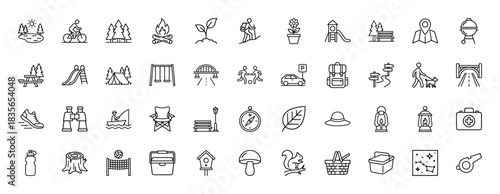 Outdoor adventure and recreation line icon set. Vector pictograms of campfire, bicycle, tent, backpack, fishing, and compass, thin outline illustration.