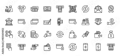 Finance line icon set. Vector pictograms of credit cards, currency, banking, atm, wallet, and payment, thin outline illustration.