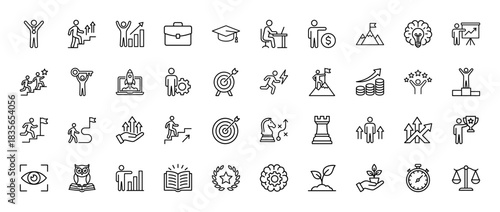 Business and career development line icon set. vector pictograms of briefcase, graduation cap, target, mountain, and trophy, thin outline illustration.