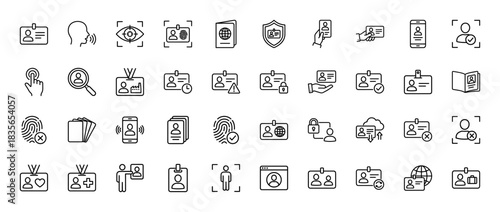 Identification and verification line icon set. Vector pictograms of id card, fingerprint, passport, and face scan, thin outline illustration.